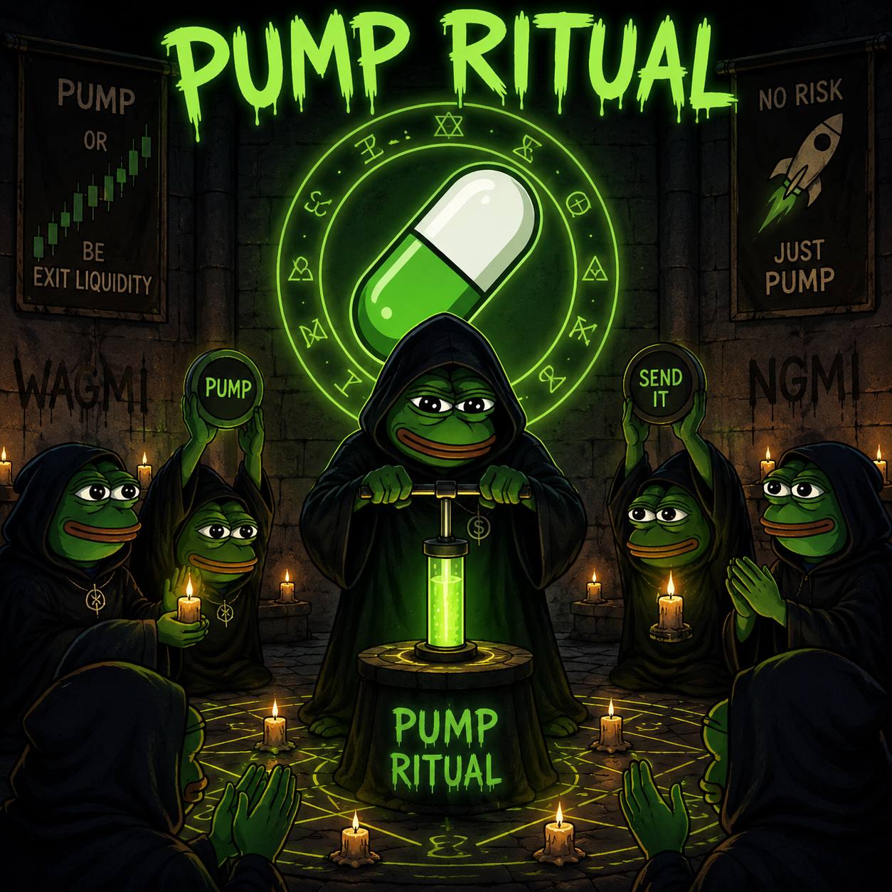 Pump Ritual โ hooded Pepe summoning the green pill