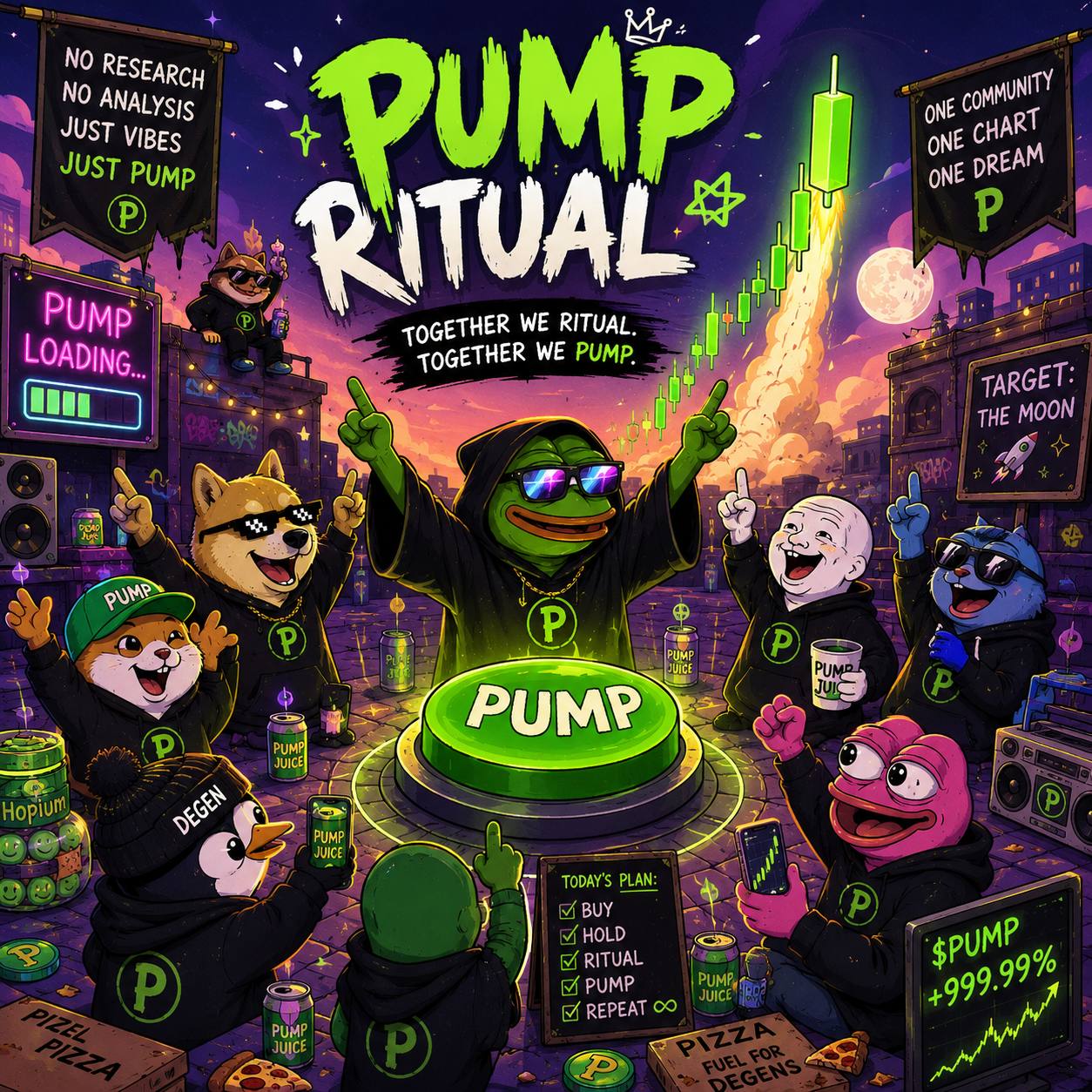 Pump Ritual crew โ degens gathered around the big green PUMP button