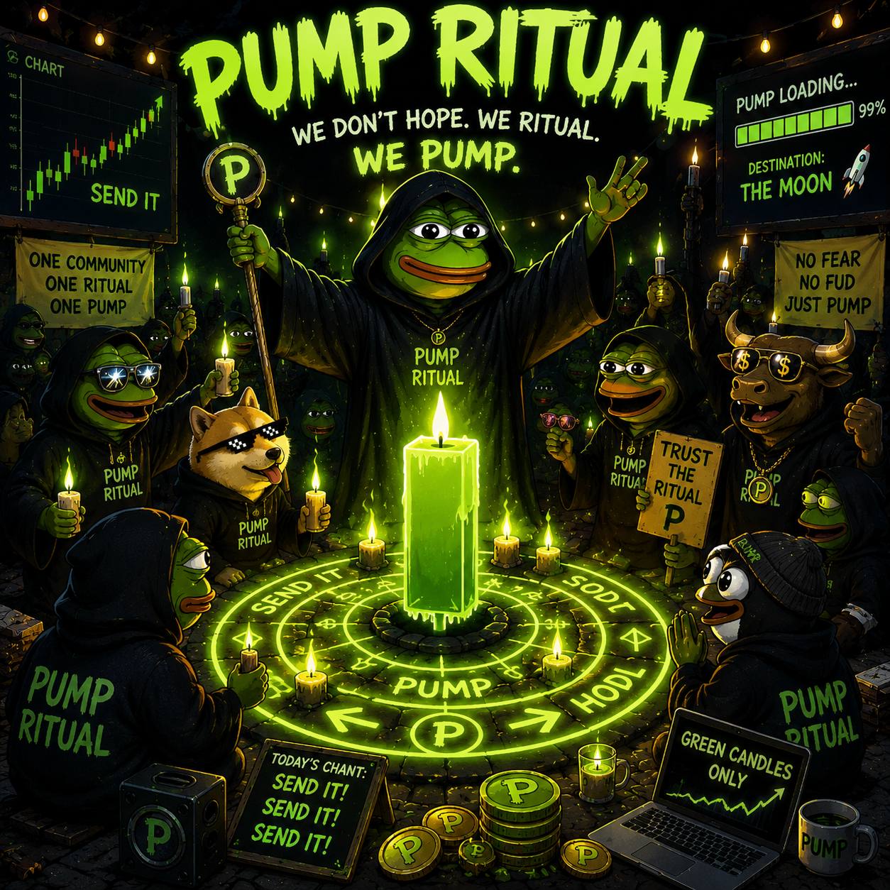The Pump Ritual โ hooded degens chanting around a green candle