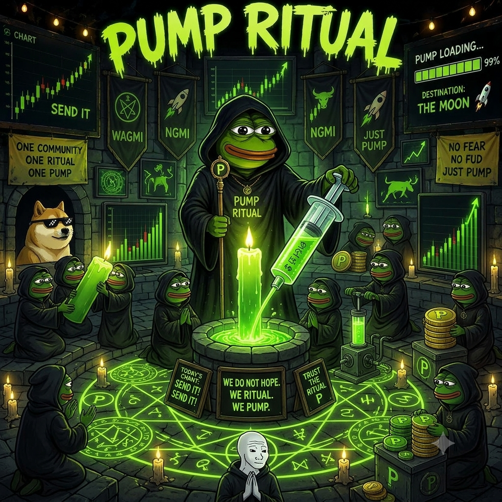 Pump Ritual altar โ hooded Pepe wizard summoning the green candle